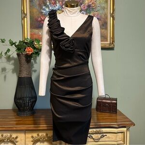 Cache Brown Embellished Tafetta Sleeveless Ruched Cocktail Party Evening Dress